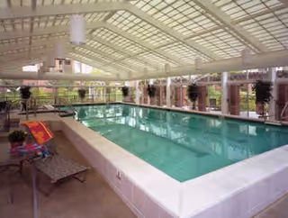 Indoor swimming pool under a glass-paneled roof with lounge chairs, potted plants, and large windows.
