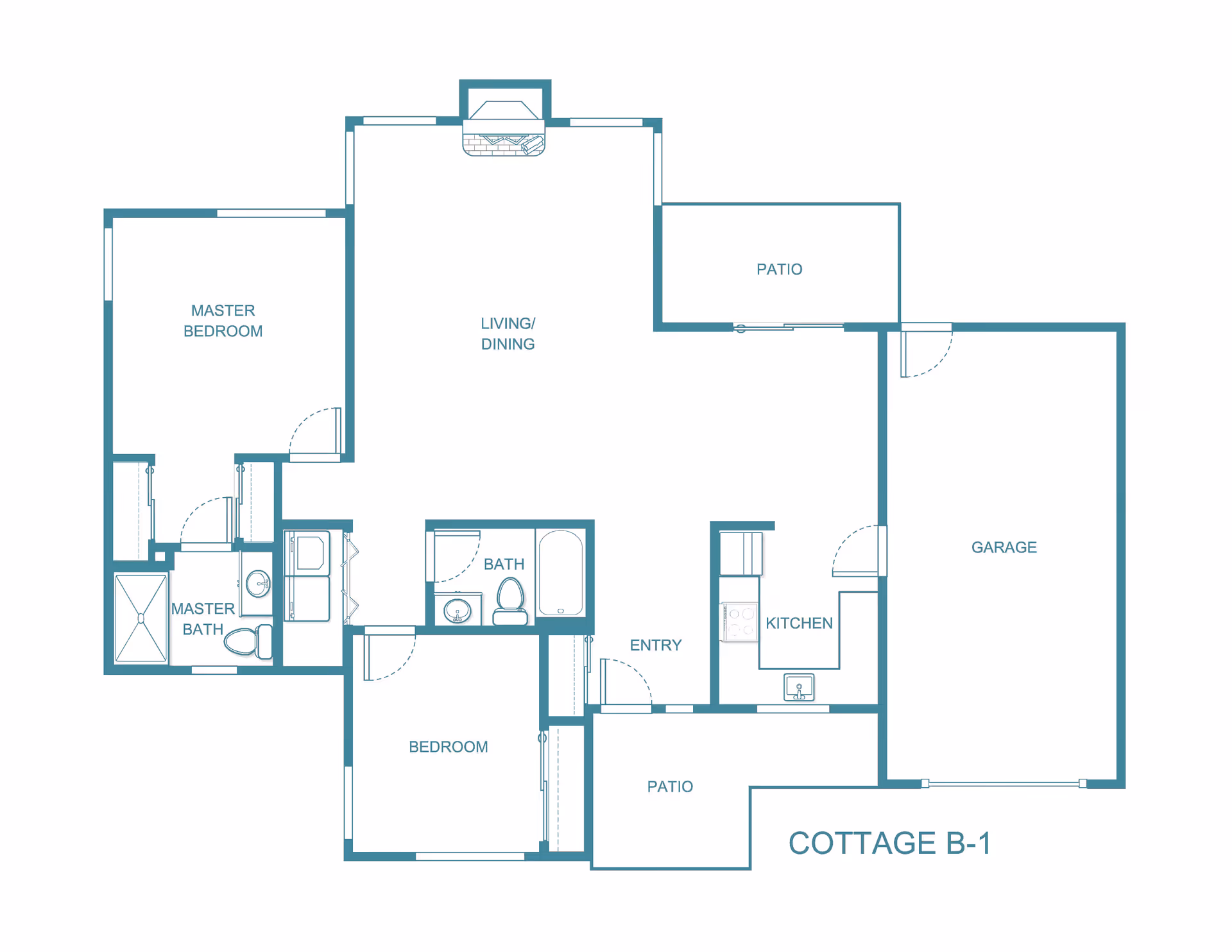 Architectural floor plan of Cottage B-1 at Washington Commons by Barclay House, showing layout with master bedroom and master bath, additional bedroom and bath, living/dining area, kitchen, entry, two patios, and a garage.