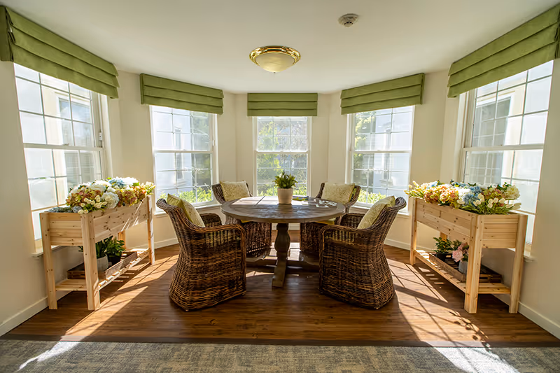 A bright sunlit room with five wicker chairs arranged around a round wooden table. The room has large windows with green valances, letting in natural light. On either side of the room, there are wooden plant stands filled with colorful flowers and greenery. The floor is wooden with a rug partially visible in the foreground.