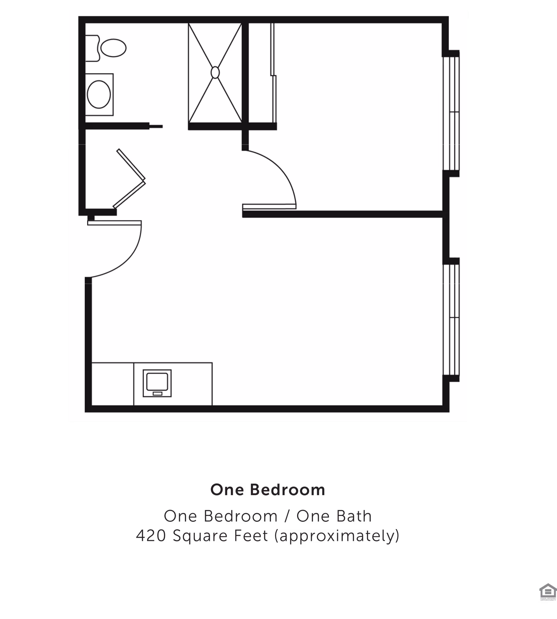 Floor plan of a one-bedroom, one-bath apartment approximately 420 square feet, showing a bedroom, bathroom with toilet and sink, and a living area with a kitchenette.