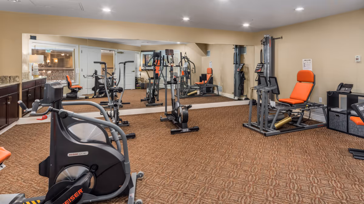 A fitness room with various exercise machines including a stationary bike, weight machine, and other gym equipment. The room has beige walls, a patterned carpet, and a large mirror covering one wall. There is a lamp on a cabinet and a phone on a small table in the corner.