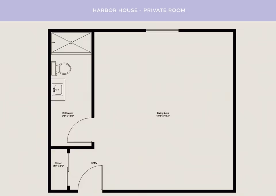 Floor plan of Harbor House private room showing a living area measuring 17 feet by 19 feet 4 inches, a bathroom measuring 5 feet by 14 feet with a shower, toilet, and sink, and a closet measuring 2 feet by 5 feet near the entry door.