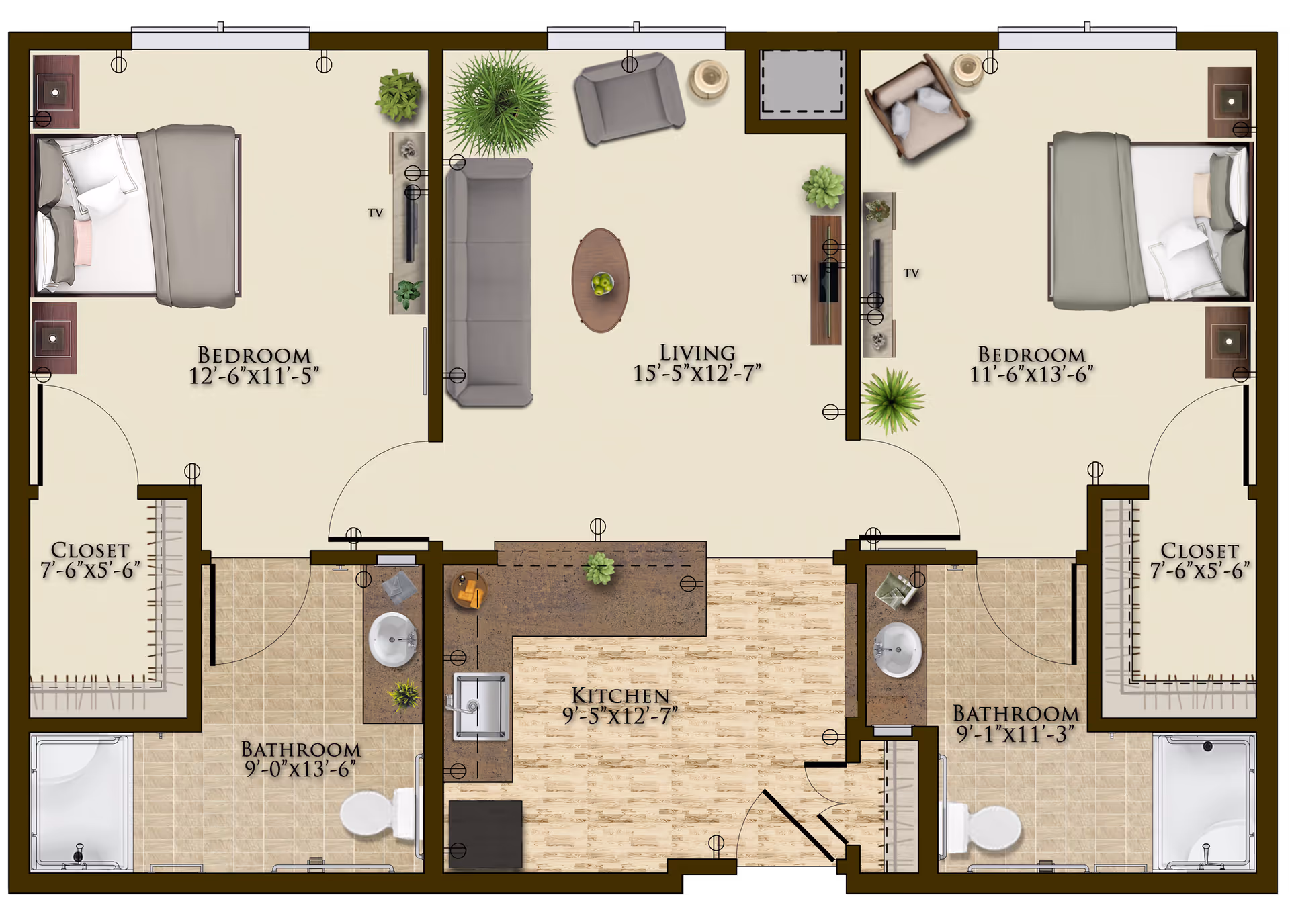 Floor plan of a senior living apartment at Harmony at Mt Juliet showing two bedrooms each with a closet and bathroom, a central living room with seating and TVs, and a kitchen area with counters and a sink.