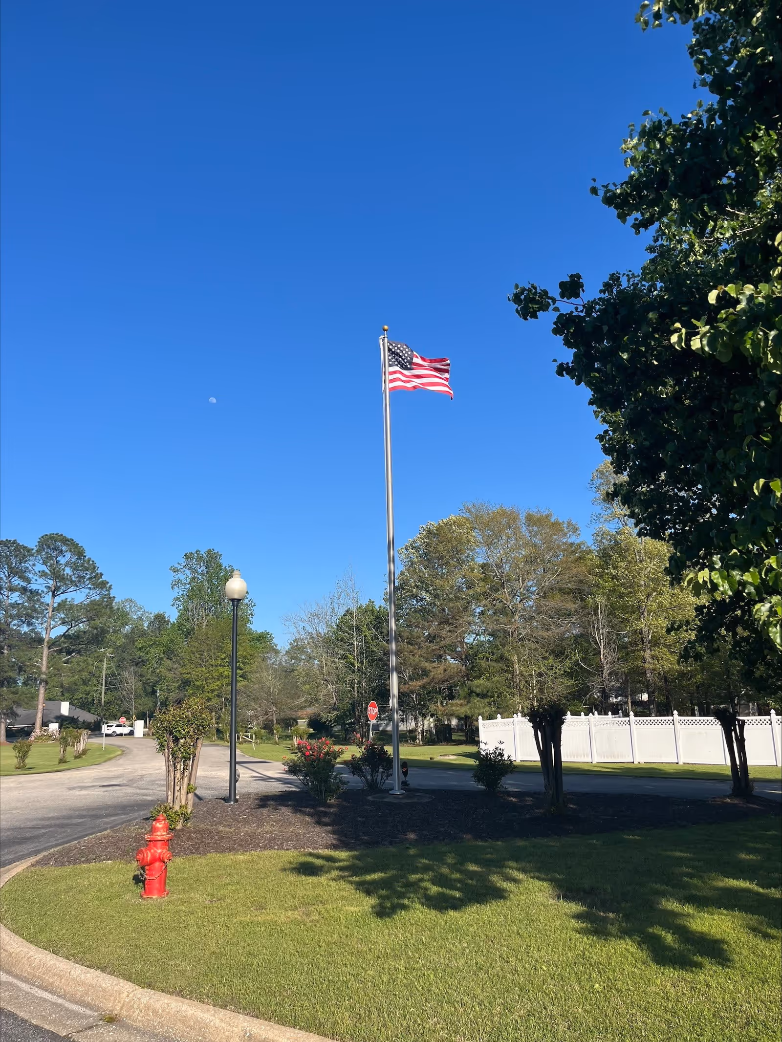 A tall flagpole with an American flag waving in the breeze stands in a landscaped area with green grass, bushes, and trees. A red fire hydrant is visible in the foreground near the curb. A street lamp and a stop sign are also present along a paved road. The sky is clear and blue.
