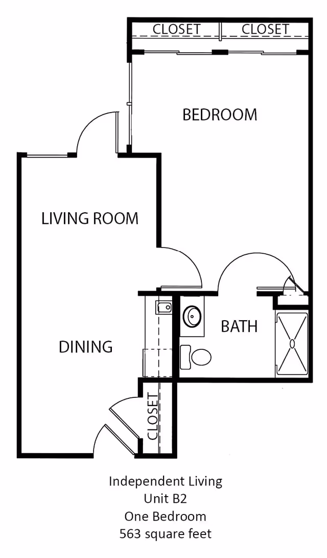 Floor plan of an independent living one-bedroom unit B2 at The Waterford at Thousand Oaks, showing a bedroom with two closets, a living room, dining area, bathroom with sink, toilet, and shower, and an additional closet near the entrance. The unit is 563 square feet.