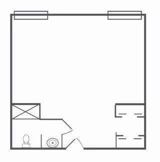 Architectural floor plan of a small living space including a bathroom with a toilet and sink, a closet area, and a main open room with two windows.