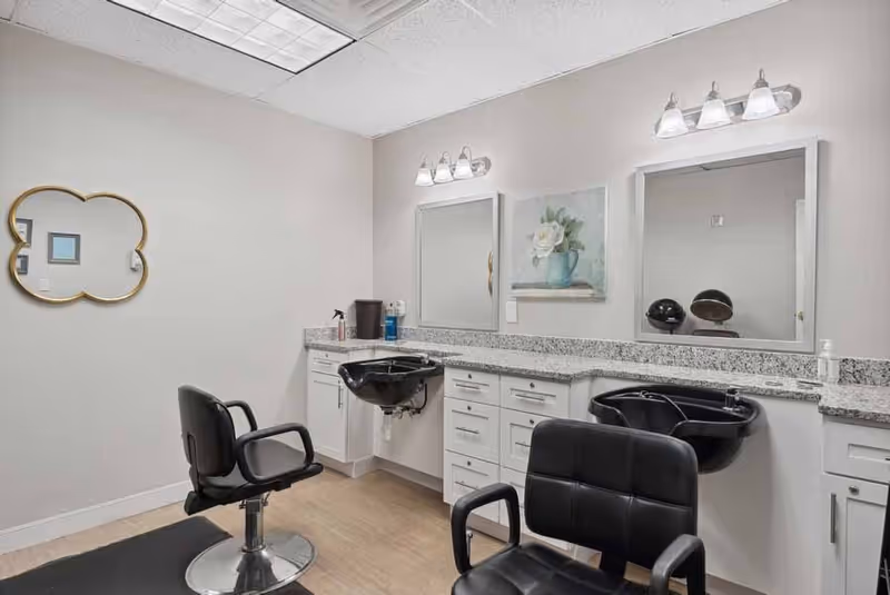Interior view of a salon area with two black salon chairs facing two black hair washing sinks. The room has a granite countertop with white cabinets underneath, two mirrors with light fixtures above them, a decorative wall painting, and a uniquely shaped wall mirror on the adjacent wall.