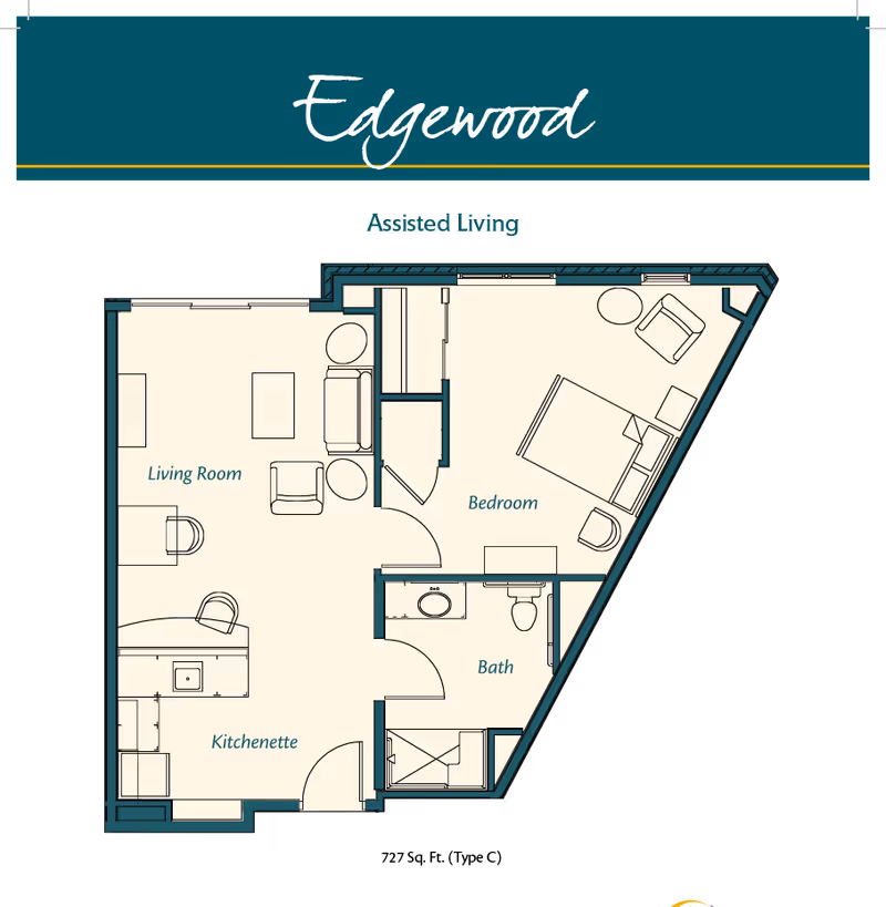 Floor plan of an assisted living unit named Edgewood showing a living room with seating, a kitchenette, a bedroom with a bed and chair, and a bathroom with a sink and toilet.