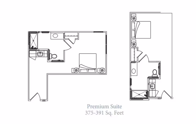 Architectural floor plan of a premium suite showing a bedroom area with a bed, a bathroom with a shower, toilet, and sink, and a small closet space. The suite size is indicated as 375-391 square feet.