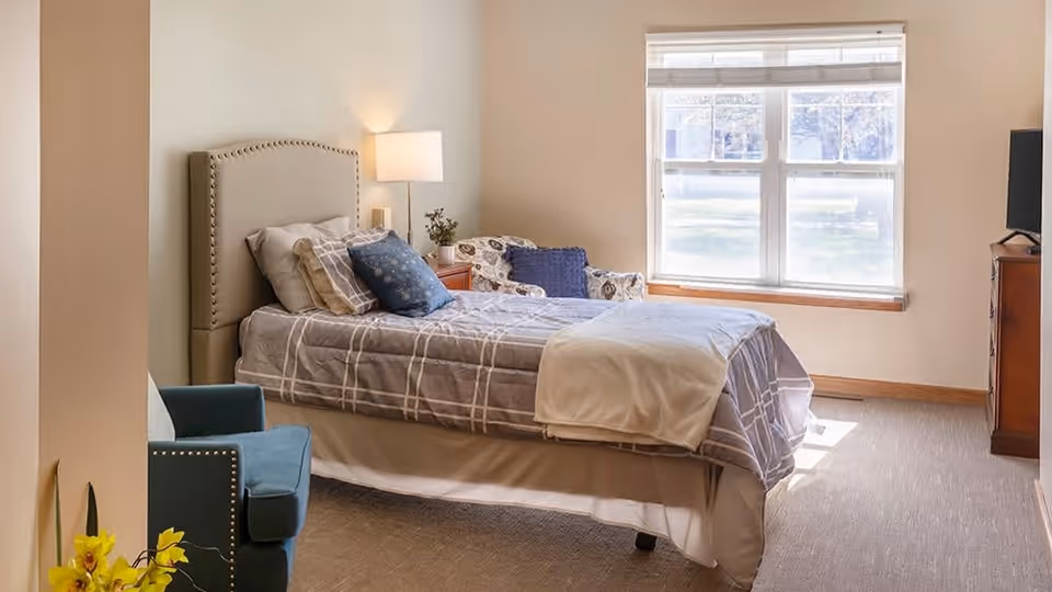 A bright and cozy bedroom with a single bed covered in a gray and white checkered comforter and multiple pillows. Next to the bed is a wooden nightstand with a lamp and a small plant. There is a patterned armchair with a blue cushion near a large window letting in natural light. A blue upholstered chair is partially visible in the foreground, and a wooden dresser with a TV on top is on the right side of the room.
