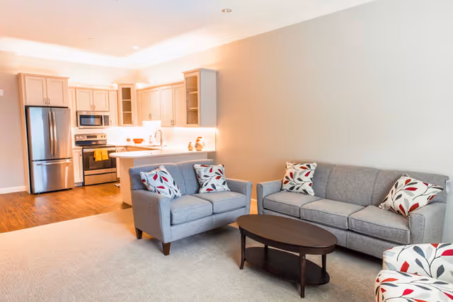 Open-concept living area with a gray sofa and loveseat, patterned throw pillows, oval coffee table, and a kitchen with stainless steel appliances in the background.