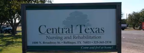 Outdoor sign for Central Texas Nursing and Rehabilitation with trees and parking nearby.