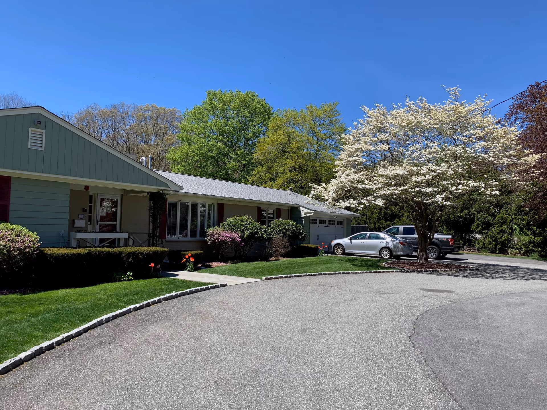 Exterior view of a single-story residential building with a light green facade, surrounded by well-maintained bushes and flowering plants. A curved driveway leads to a garage, with two parked vehicles visible. A large tree with white blossoms stands near the driveway under a clear blue sky.