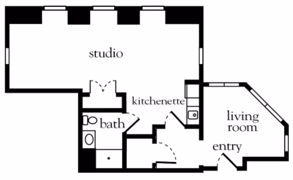 Black and white architectural floor plan of a studio apartment at Atria Merrimack Place, showing labeled areas including studio, kitchenette, bath, living room, and entry.