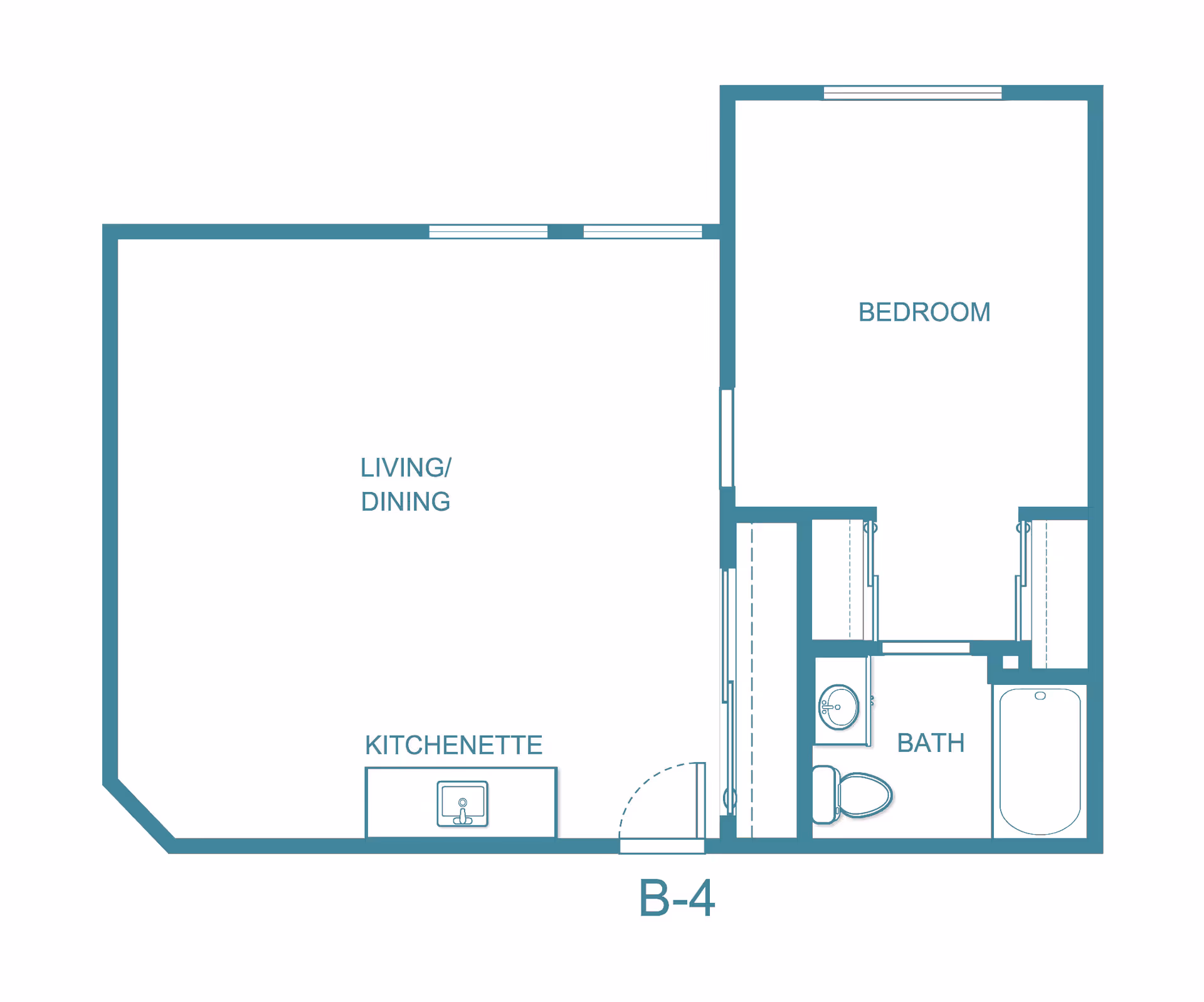 One-bedroom floor plan labeled B-4 showing a living/dining area, kitchenette, bedroom, and bath.