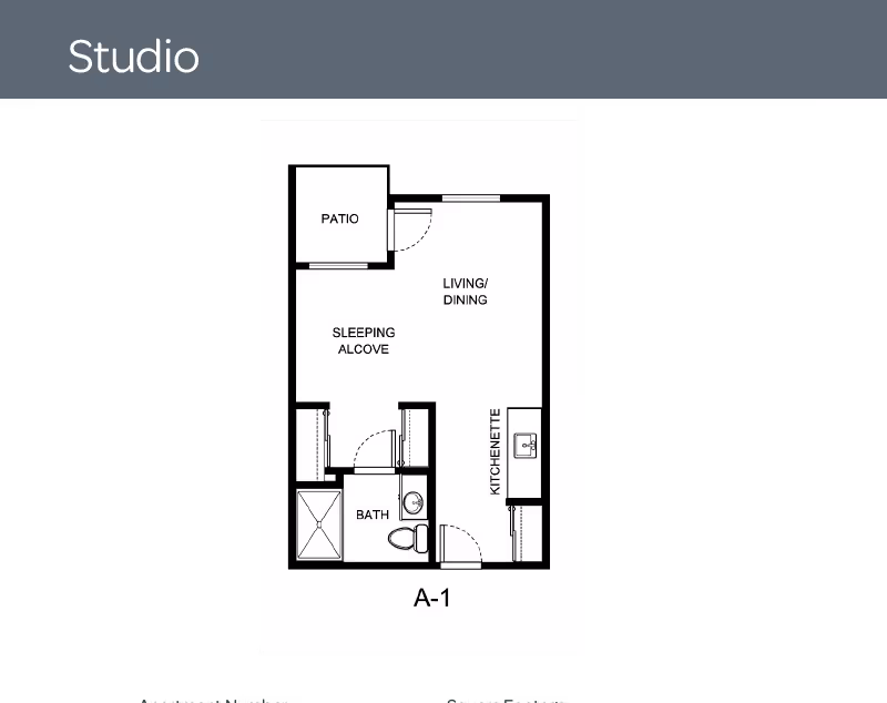 Black-and-white studio floor plan labeled A-1 showing a patio, sleeping alcove, living/dining area, kitchenette, and bathroom.
