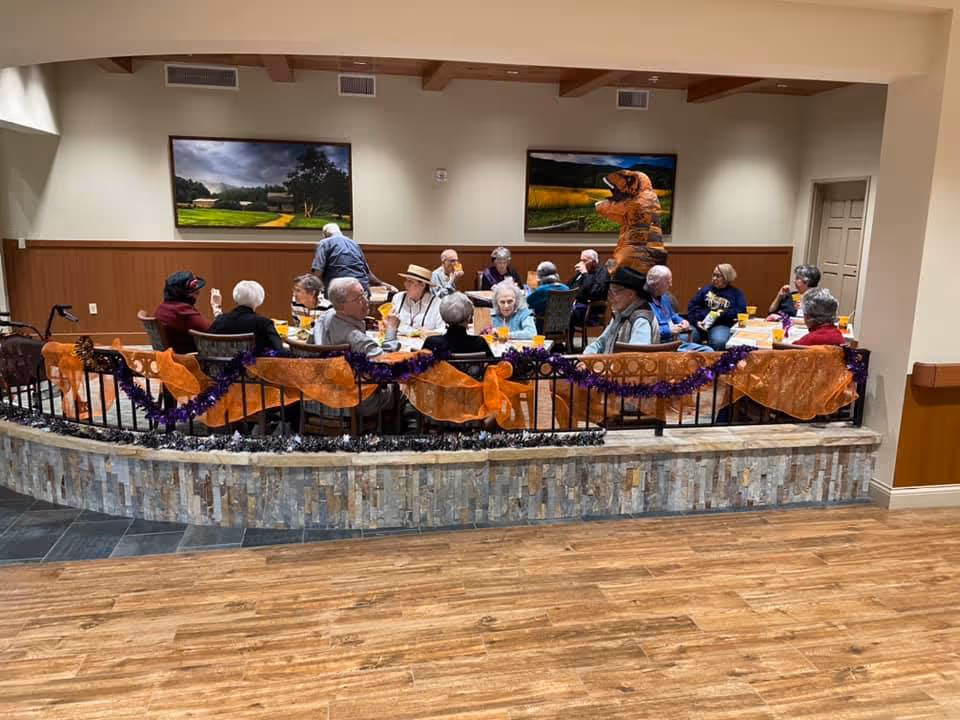 A group of elderly people sitting around tables in a decorated indoor common area, some are engaged in conversation and others are eating or drinking. The room has wooden flooring, stone and wood paneling, and two landscape paintings on the wall. There is a person in an inflatable dinosaur costume standing among the group.