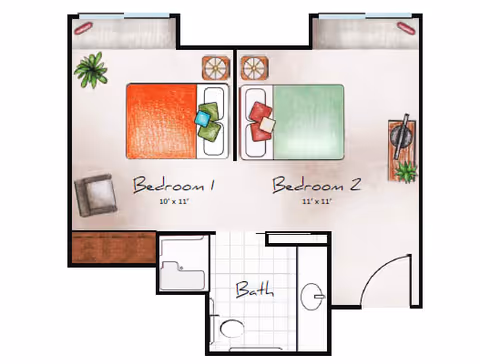 Illustrated floor plan of a two-bedroom apartment with two beds, furnishings, and a central bathroom.