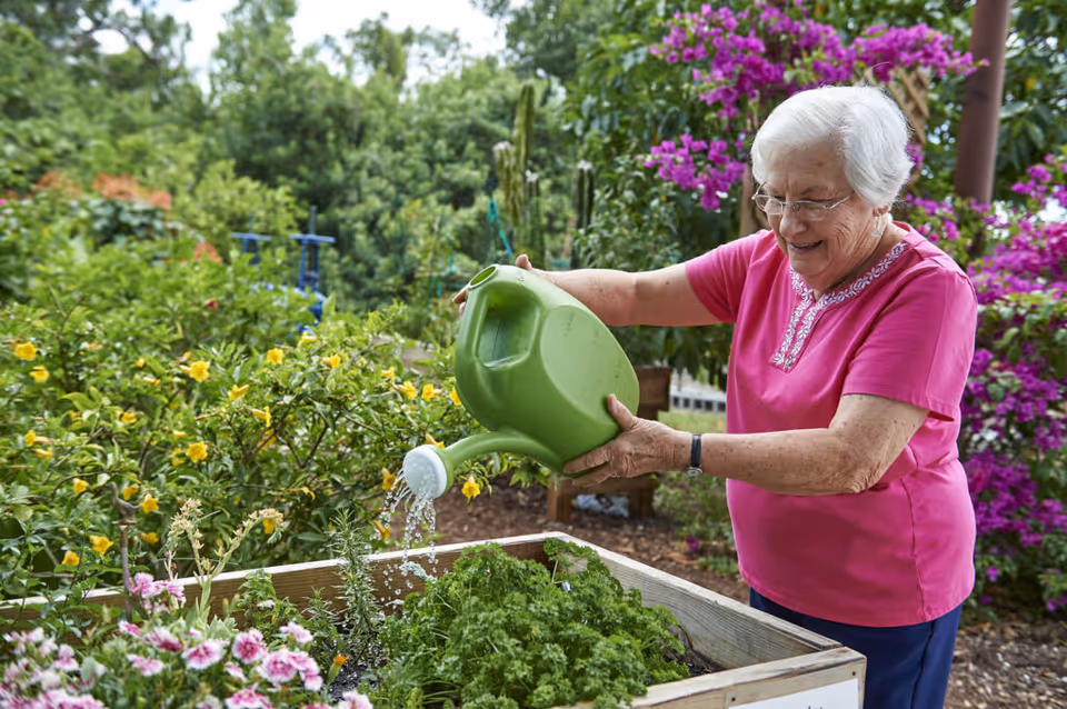 An elderly woman with white hair and glasses wearing a pink shirt is watering plants in a raised garden bed outdoors. The garden is lush with green foliage and colorful flowers, and the woman is smiling as she tends to the plants with a green watering can.