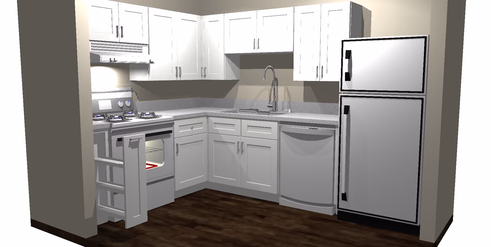 Rendered L-shaped kitchen with white cabinets, refrigerator, stove, dishwasher, and sink.
