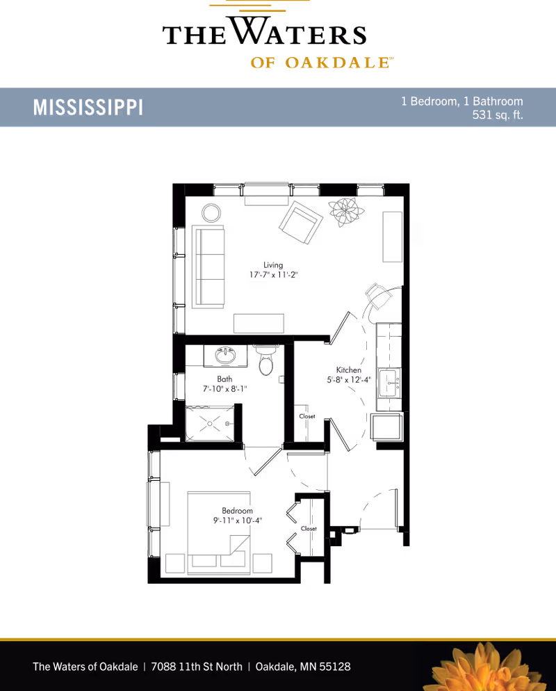 Black-background floor plan titled "MISSISSIPPI" showing a 1-bedroom, 1-bath layout with room labels, dimensions and furniture outlines.