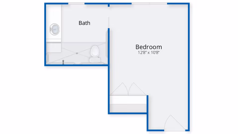 Floor plan layout showing a bedroom measuring 12 feet 8 inches by 10 feet 8 inches connected to a bathroom with a sink, toilet, and shower area.