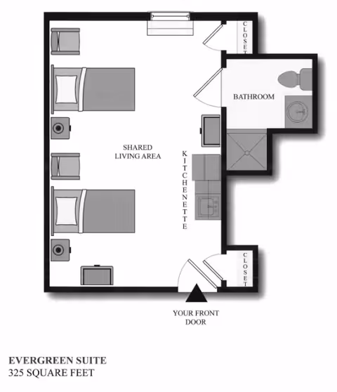 Floor plan of the Evergreen Suite at Heritage Green Assisted Living and Memory Care, showing a 325 square feet layout with two beds, two chairs, a shared living area, kitchenette, bathroom, and two closets near the entrance.