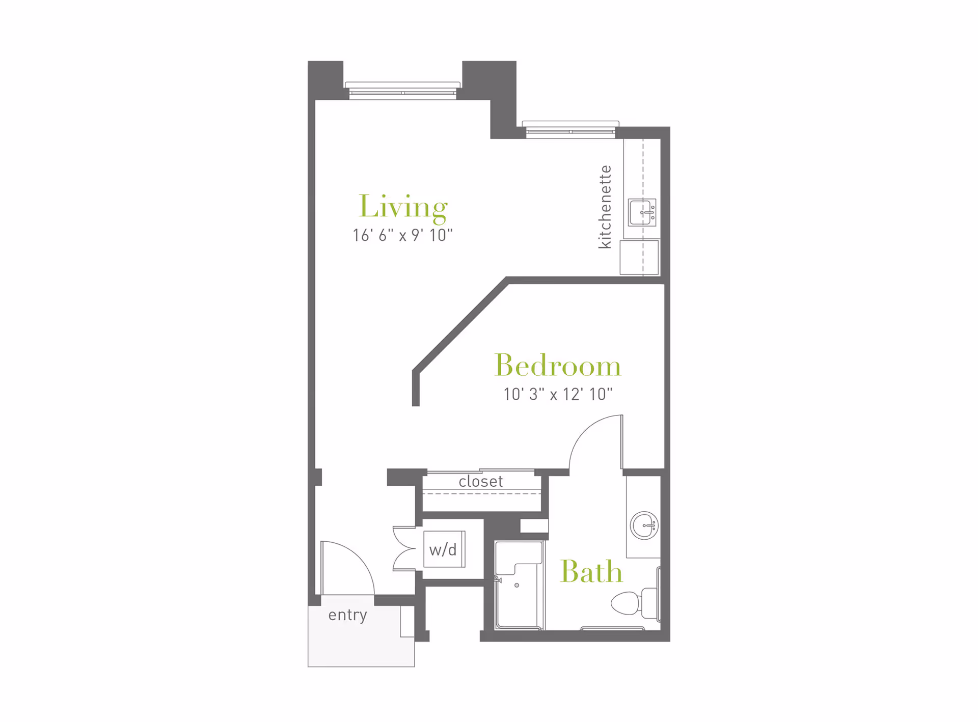 Floor plan of a living space showing an entry area, living room with kitchenette, bedroom, bathroom, closet, and washer/dryer area with dimensions for living room and bedroom.