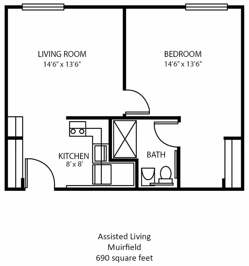 Floor plan of an assisted living unit named Muirfield at Whispering Pines Village, showing a living room, bedroom, kitchen, and bathroom with dimensions and layout.