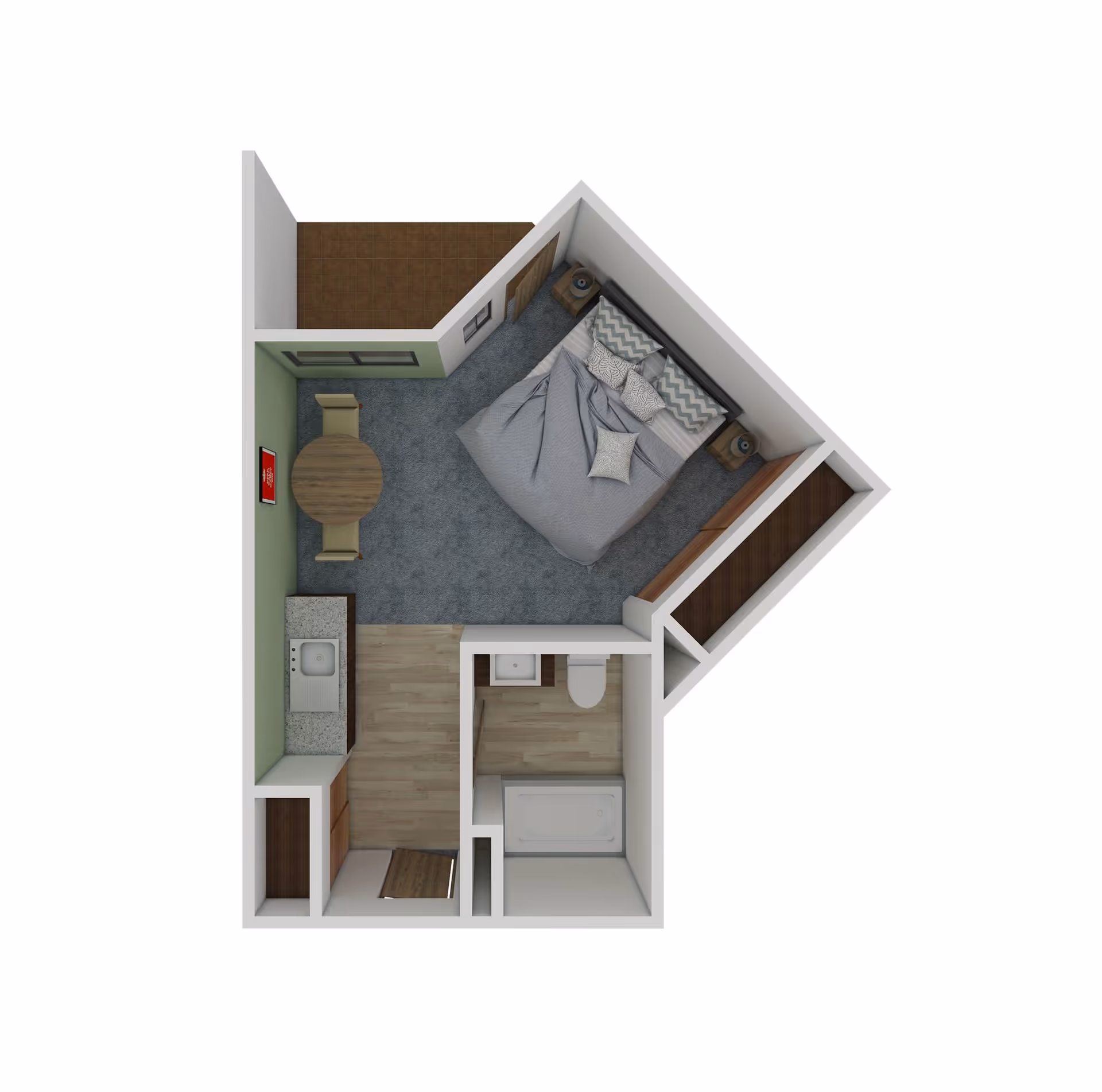 3D floor plan of a senior living studio apartment featuring a bedroom area with a bed and two nightstands, a small dining area with a round table and two chairs, a kitchenette with a sink and cabinets, a bathroom with a bathtub, toilet, and sink, and a small balcony or patio area.