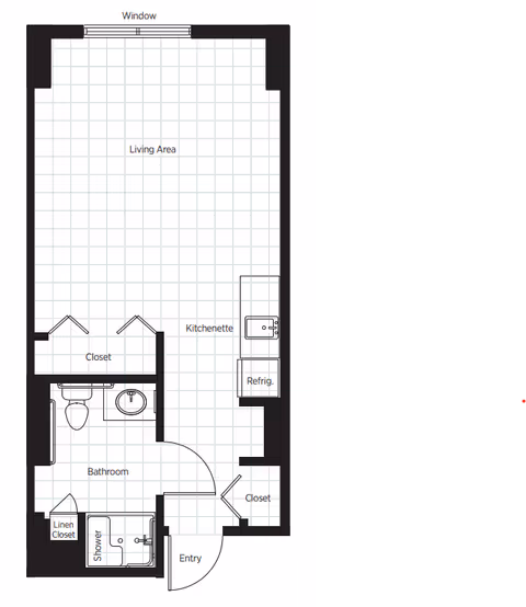 Floor plan of a studio apartment showing a living area with a window, kitchenette with sink and refrigerator, bathroom with shower and toilet, multiple closets, and an entry door.