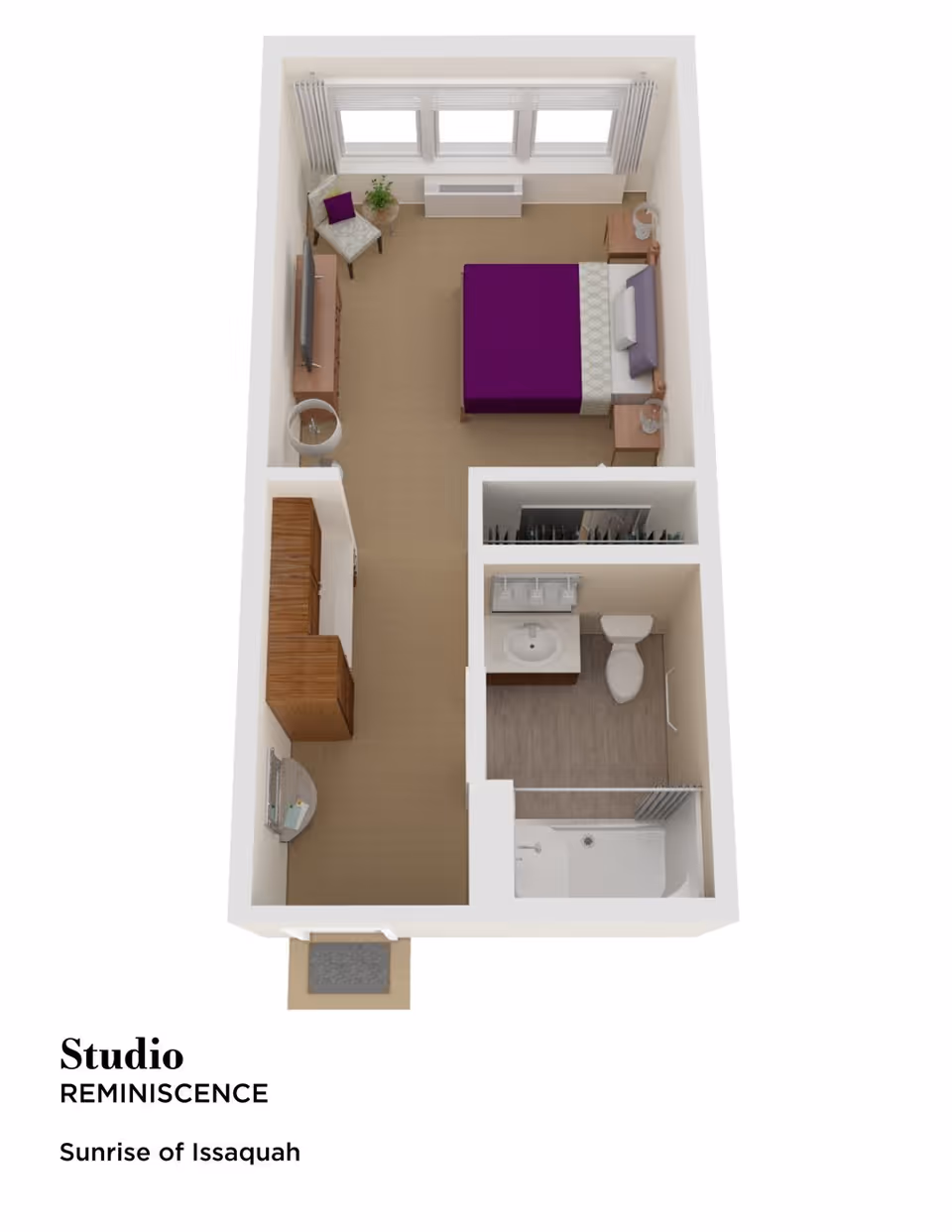 3D floor plan of a studio apartment named Reminiscence at Sunrise of Issaquah, showing a combined bedroom and living area with a bed, chair, TV, and storage, along with a separate bathroom containing a sink, toilet, and shower.