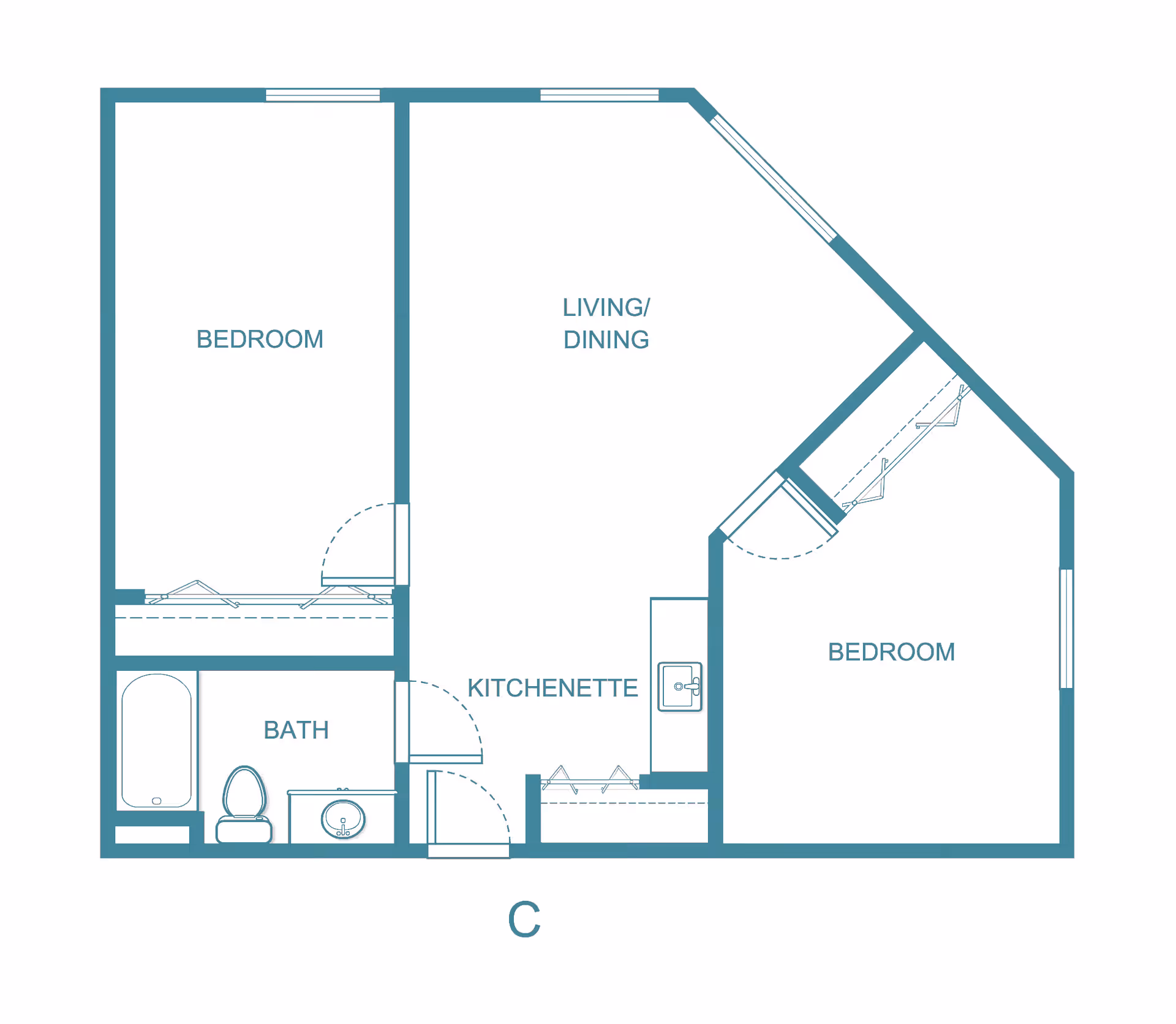 Architectural floor plan of a senior living unit at Provincial Chico Senior Living, showing two bedrooms, a bath with bathtub, toilet, and sink, a kitchenette, and a combined living and dining area.