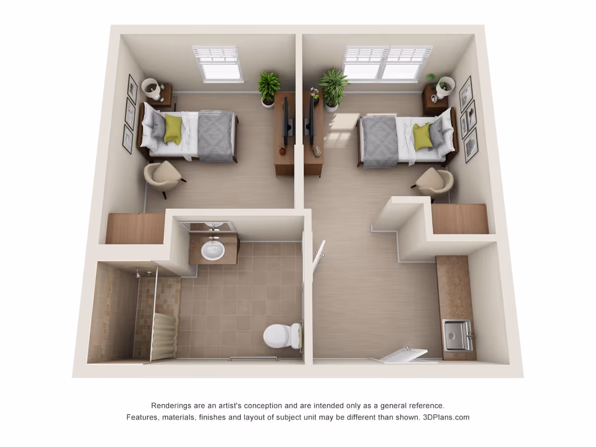 3D floor plan of a senior living unit with two bedrooms, each furnished with a bed, nightstand, chair, and TV. The unit includes a bathroom with a shower, toilet, and sink, and a small kitchenette area with a sink and countertop.