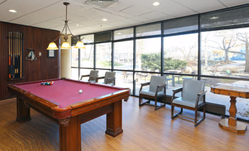 A recreational room with a red felt pool table in the center, four gray armchairs along the large windows, and a wooden wall rack holding pool cues. Outside the windows, there is a view of a garden area with trees and benches.