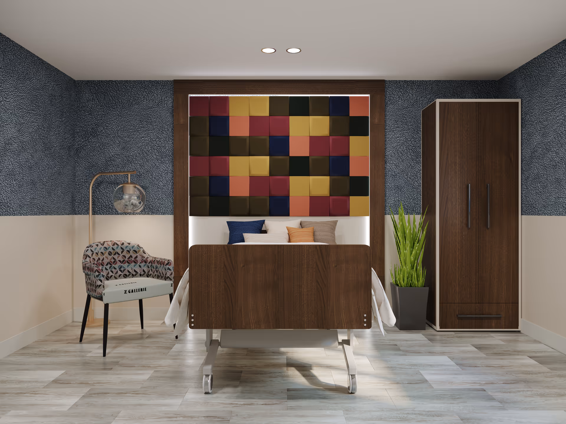 A modern senior bedroom with an adjustable hospital-style bed centered beneath colorful square wall art, a patterned armchair, wardrobe, and potted plant.