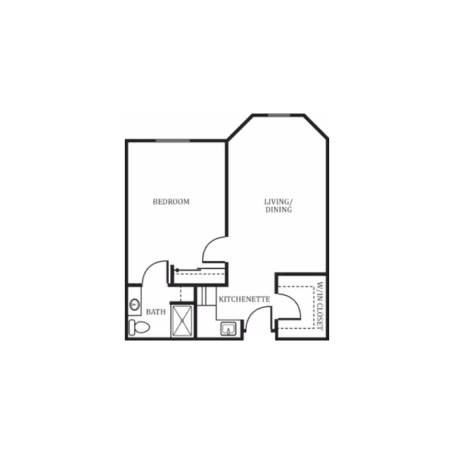 Floor plan of a living space at Heritage Oaks showing a bedroom, bath, kitchenette, living/dining area, and a walk-in closet.