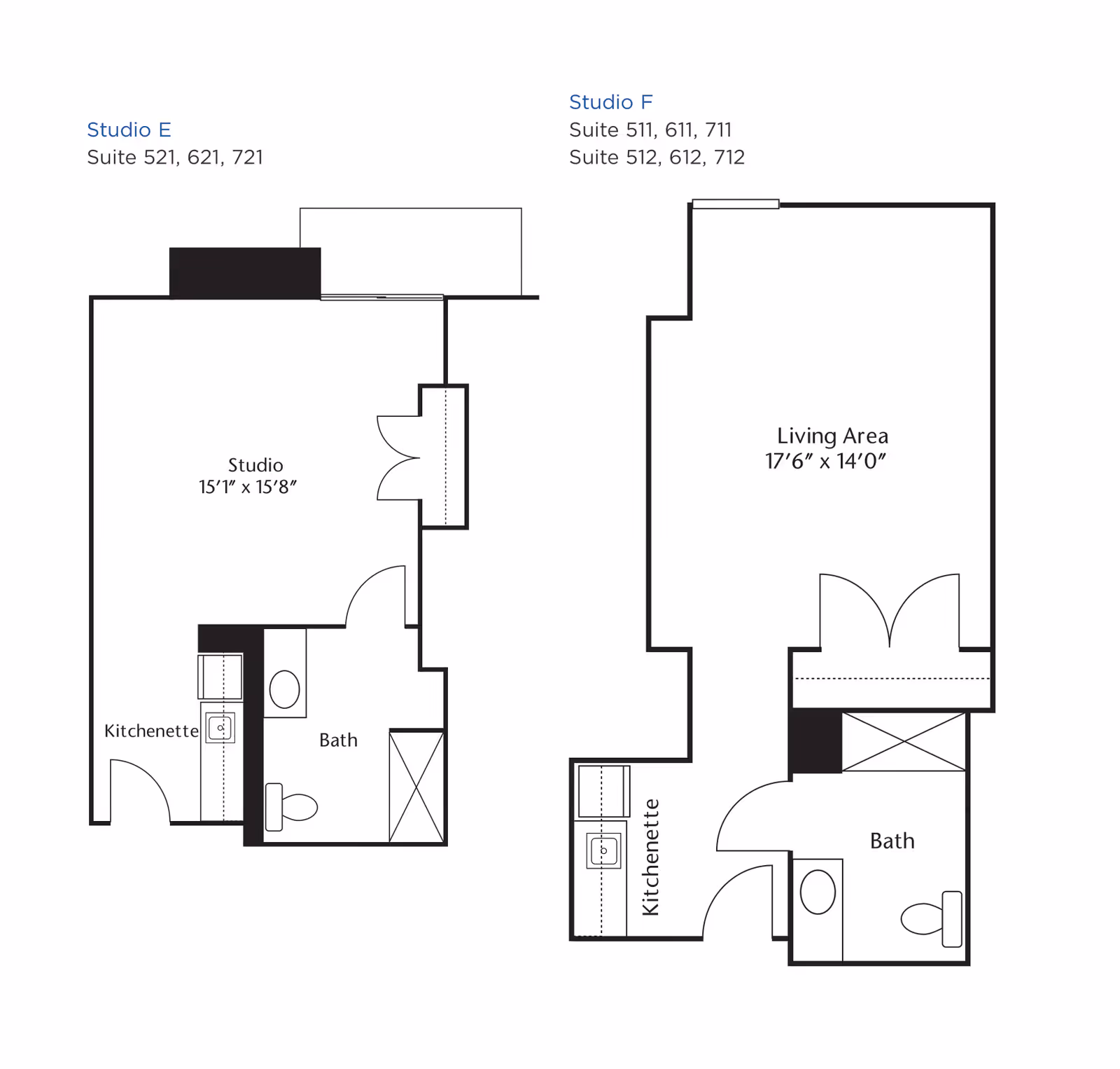 Floor plans for two studio apartments at Brookdale Edina. Studio E includes a studio room measuring 15 feet 1 inch by 15 feet 8 inches, a kitchenette, and a bathroom. Studio F includes a living area measuring 17 feet 6 inches by 14 feet, a kitchenette, and a bathroom. Both layouts show the arrangement of doors, fixtures, and cabinetry.