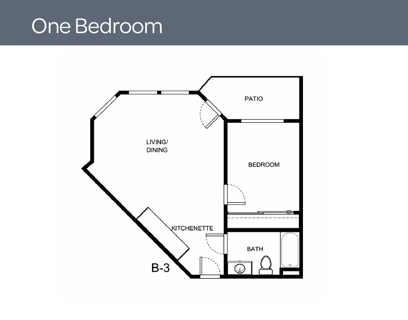 Floor plan of a one-bedroom unit at Holiday Durham Regent showing a living/dining area, kitchenette, bedroom, bathroom, and a patio.