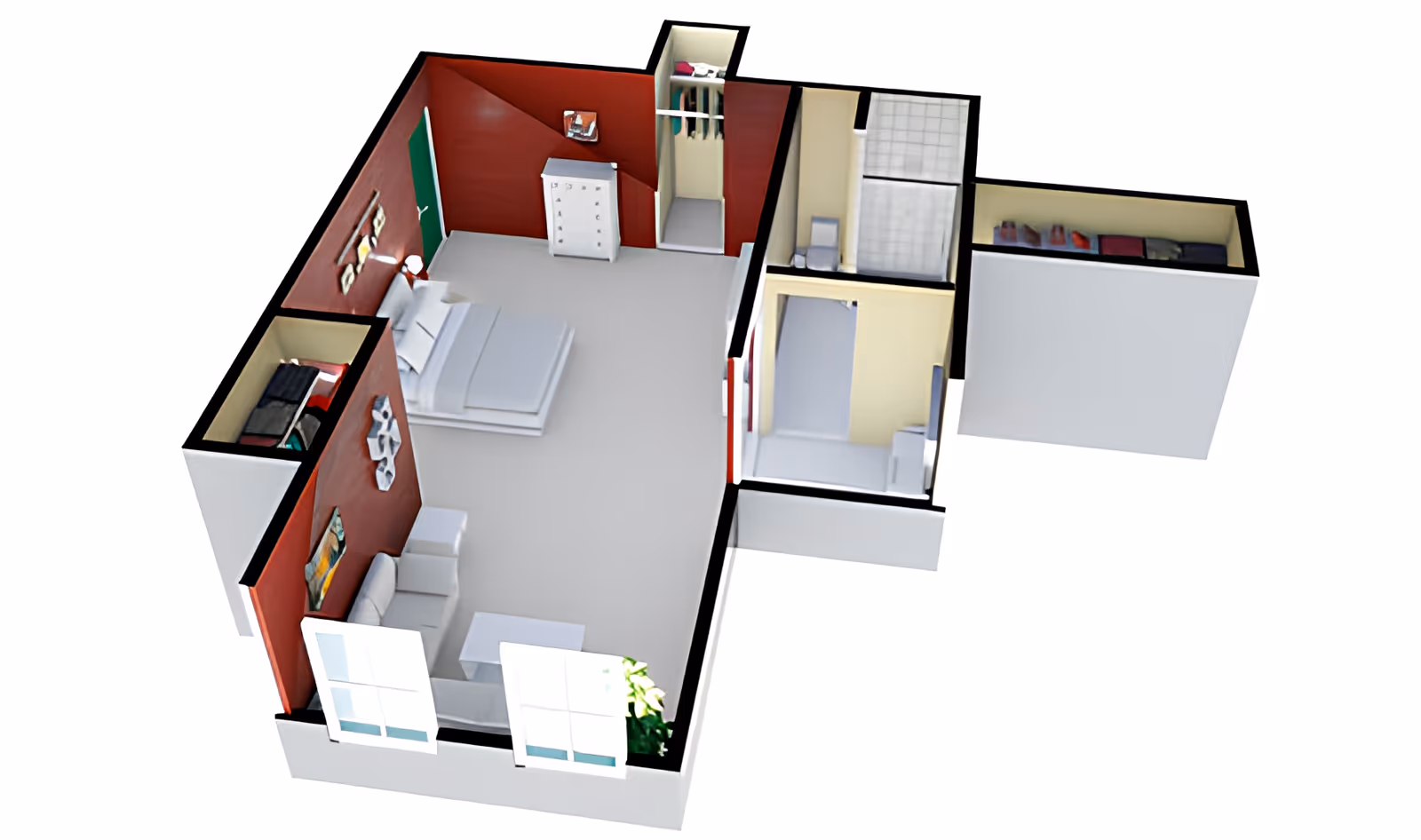 3D floor plan of a senior living unit featuring a bedroom with a bed, dresser, and closet, a small living area with a sofa and coffee table, a bathroom with a shower, and an additional small room with a bed and storage space.