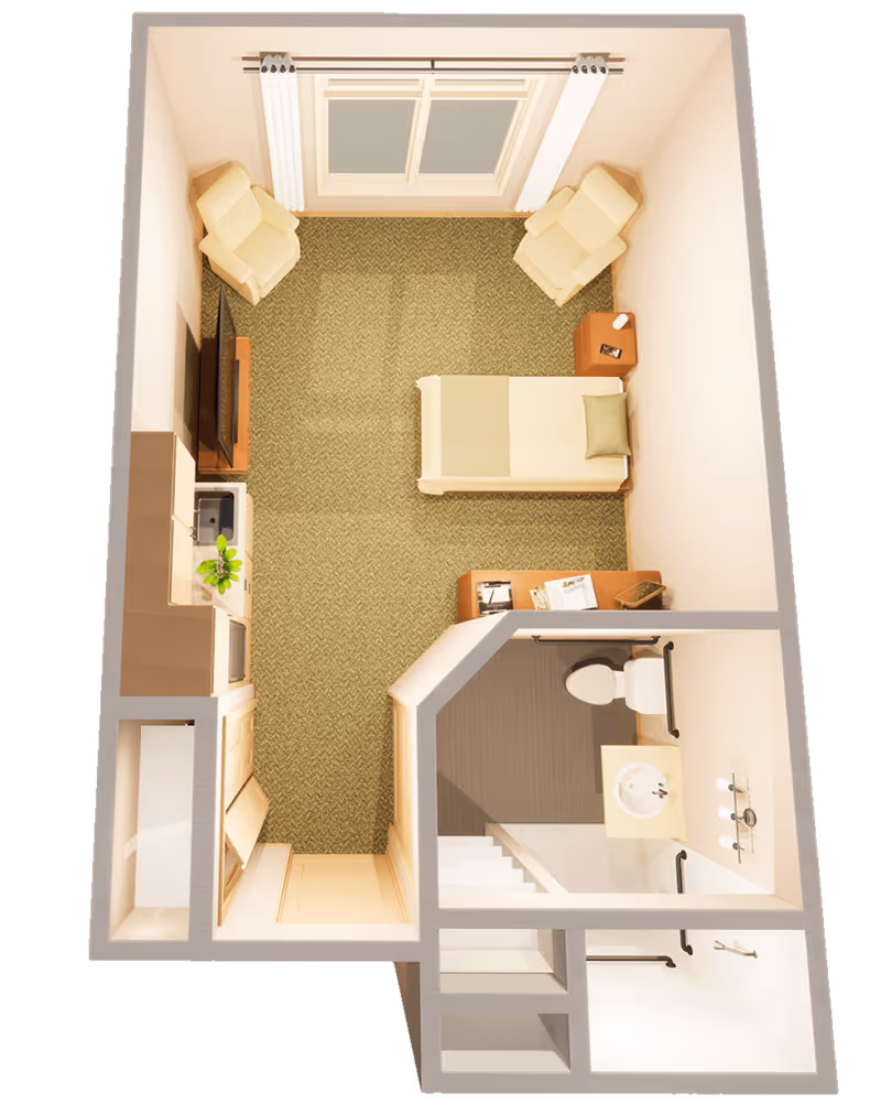 Top-down view of a small living space with a single bed, two armchairs, a TV on a stand, a kitchenette with a sink and microwave, and a bathroom with a toilet, sink, and shower. The room has a window with curtains and a carpeted floor.