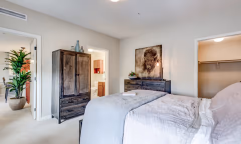 A cozy bedroom in a senior living facility featuring a bed with white and gray bedding, a wooden dresser with a lamp and decorative items, a large painting of a bison on the wall, a wooden wardrobe, and an open closet. The room has beige walls and carpet, with a view into a hallway and bathroom.