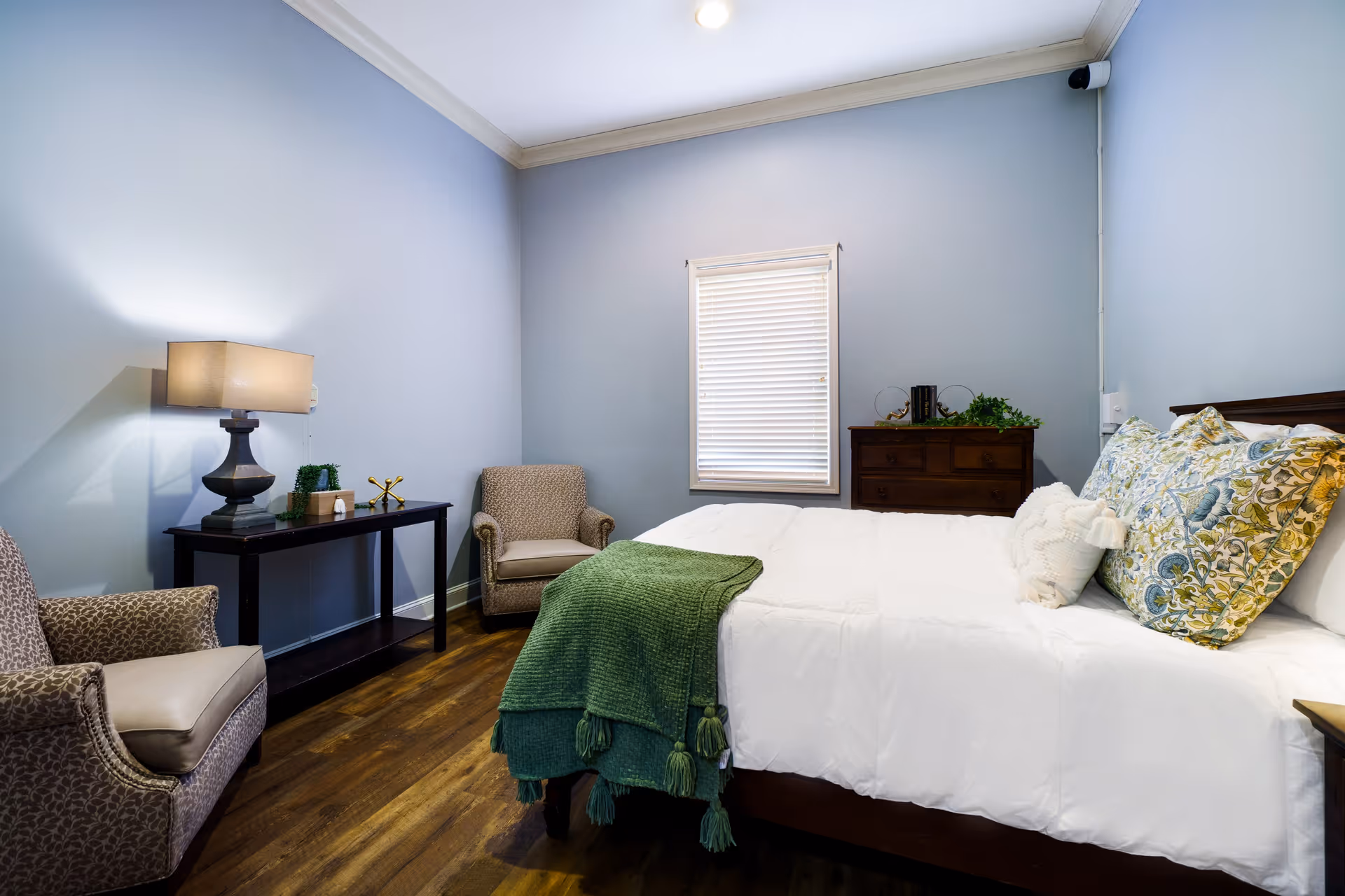 A cozy bedroom with light blue walls, a window with closed blinds, a bed with white bedding and decorative pillows, a green throw blanket, two patterned armchairs, a dark wooden console table with a lamp and decor items, and a wooden dresser with plants and books on top.