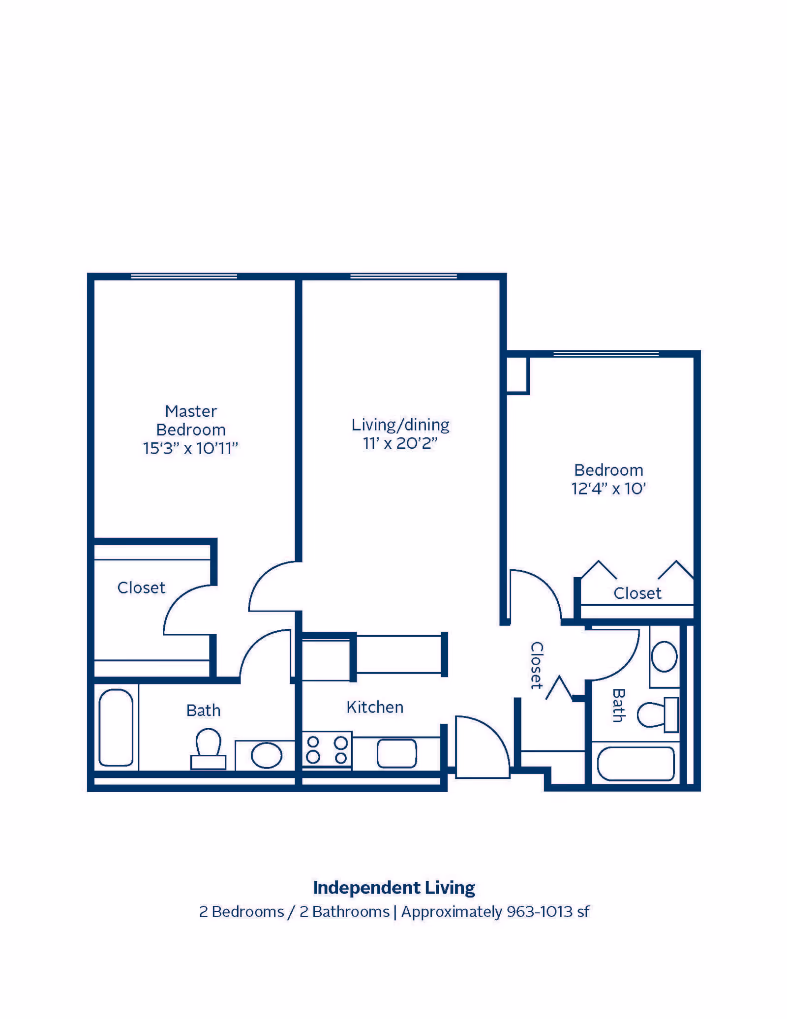 Floor plan of an independent living unit at Baldwin House showing 2 bedrooms and 2 bathrooms. The master bedroom measures 15 feet 3 inches by 10 feet 11 inches and has a closet and adjacent bathroom. The second bedroom measures 12 feet 4 inches by 10 feet with a closet and nearby bathroom. The living/dining area is 11 feet by 20 feet 2 inches. The kitchen is located centrally near the entrance. The total area is approximately 963 to 1013 square feet.