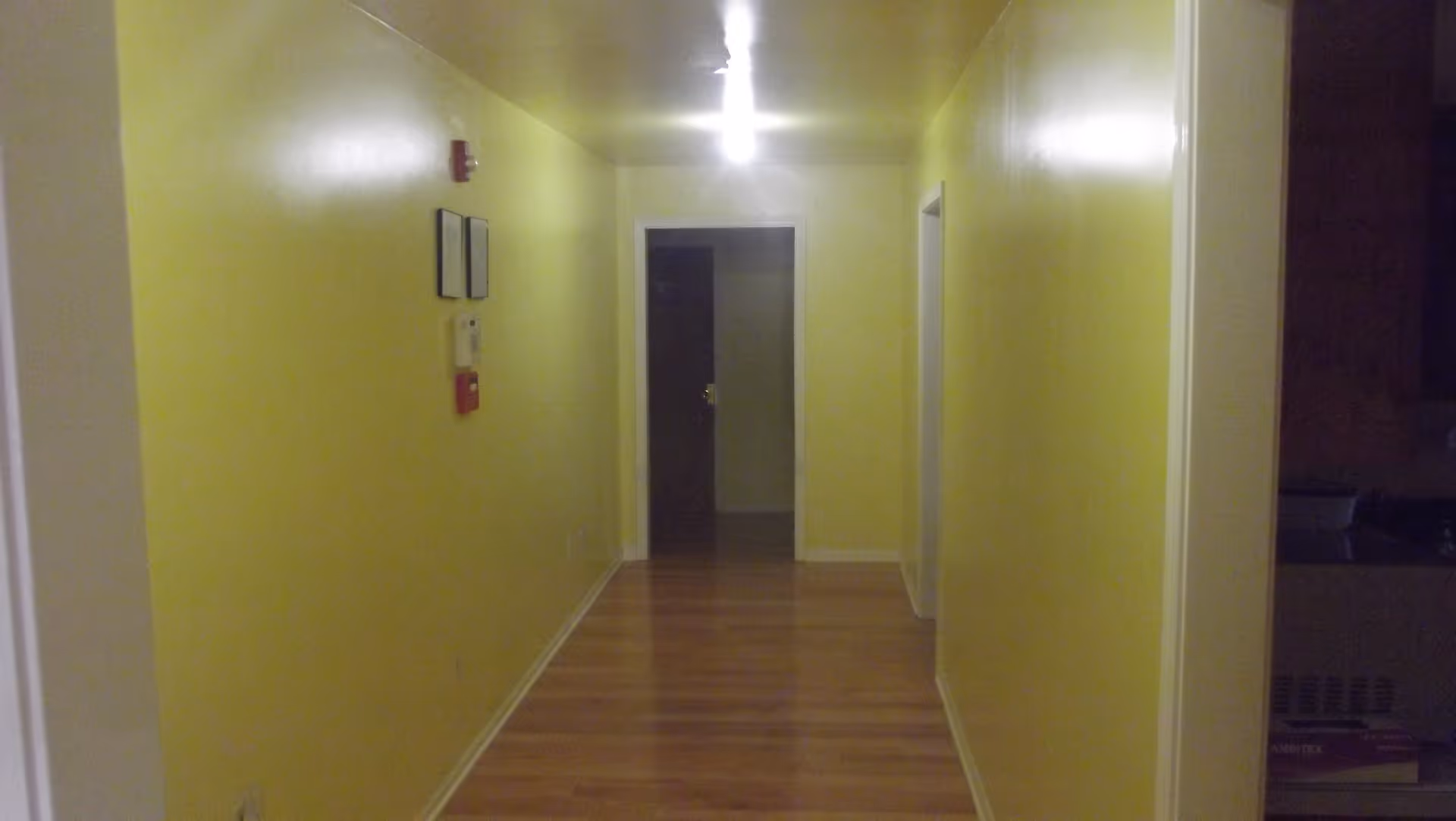 A narrow hallway with yellow walls and wooden flooring, illuminated by a ceiling light. There are two doorways on the right side and a dark open doorway at the end of the hallway. A fire alarm and thermostat are mounted on the left wall.