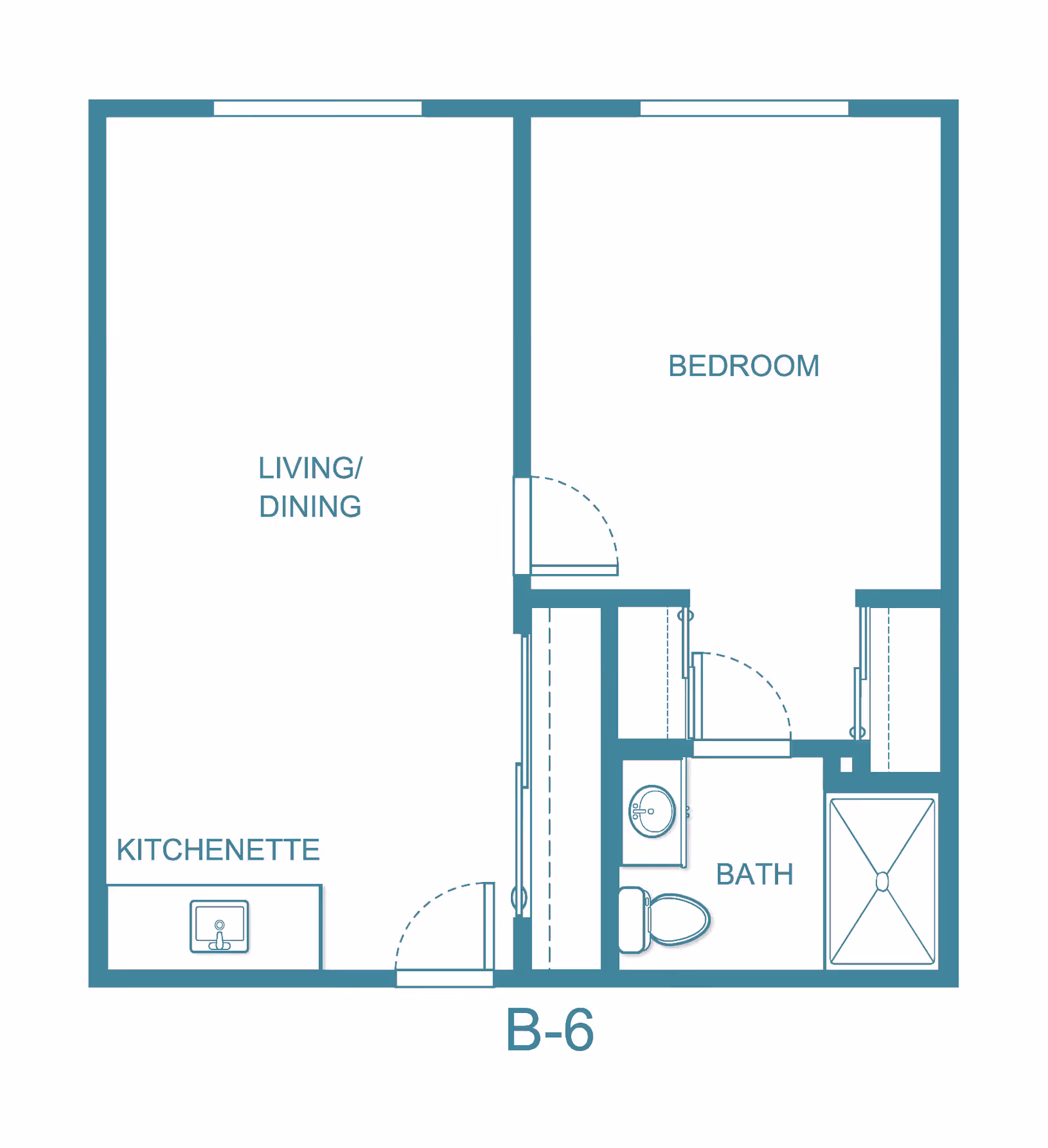 Floor plan layout labeled B-6 showing a living/dining area with a kitchenette, a bedroom, and a bathroom with a sink, toilet, and shower.