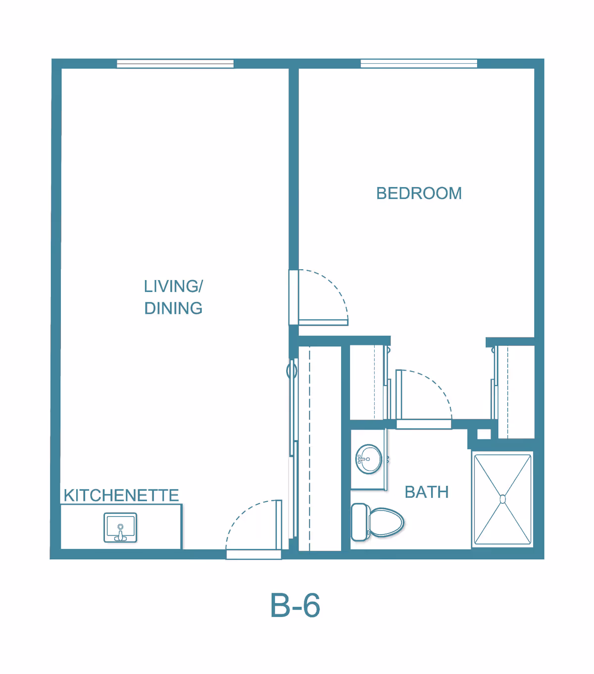 Floor plan labeled B-6 showing a layout with a bedroom, bath, kitchenette, and combined living/dining area.