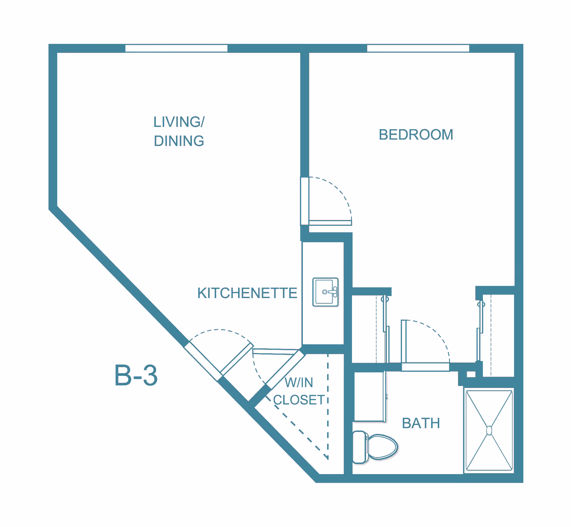 Floor plan layout of a one-bedroom apartment labeled B-3 at Washington Commons by Barclay House, showing a living/dining area, kitchenette, bedroom, walk-in closet, and bathroom with a toilet and shower.
