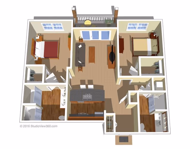 3D floor plan of a two-bedroom apartment featuring a living room with sofa and TV, a kitchen with an island and stools, two bedrooms each with a bed and furniture, two bathrooms, and a balcony accessible from the living room.