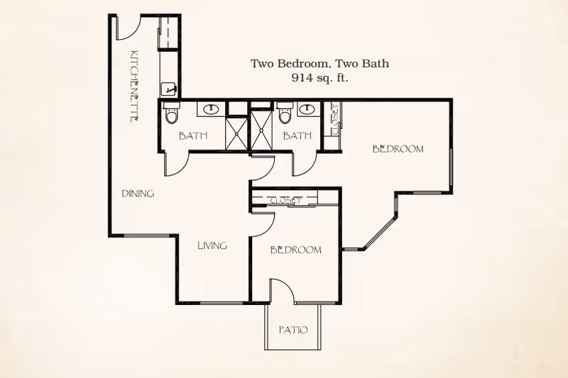 Floor plan of a two-bedroom, two-bath apartment with 914 square feet, showing a kitchenette, dining area, living room, two bedrooms, two bathrooms, closets, and a patio.